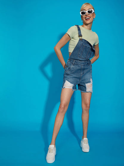 Women's Blue Denim Distress Dungaree