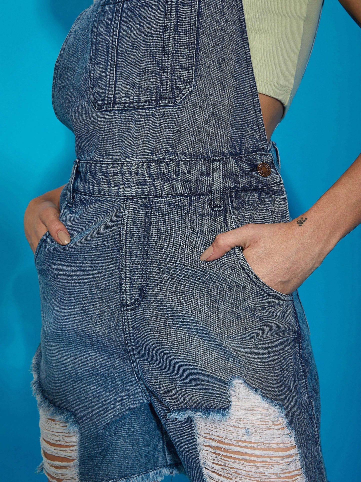 Women's Blue Denim Distress Dungaree