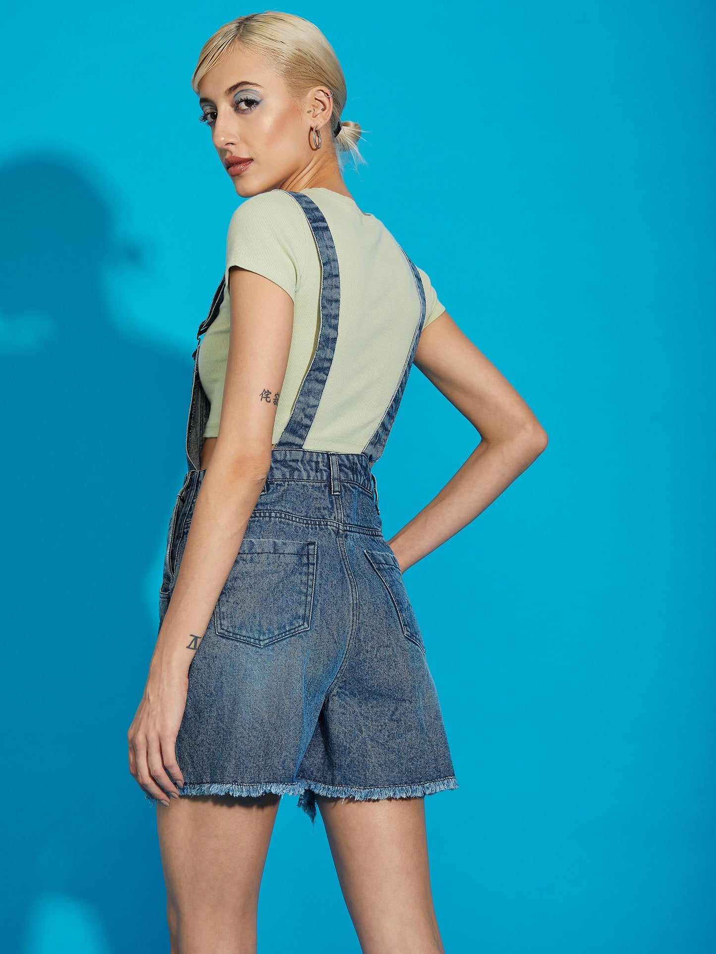 Women's Blue Denim Distress Dungaree