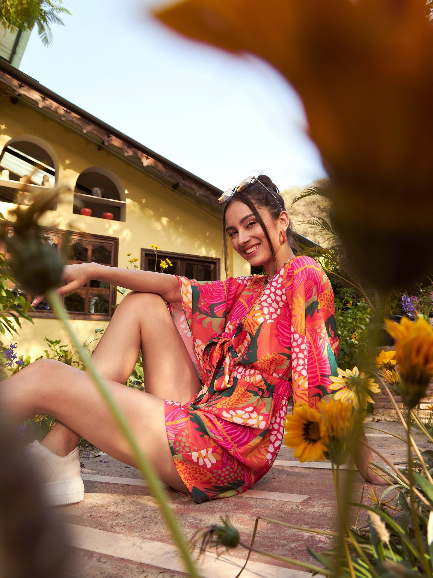 Women's Orange Floral Front Tie Knot Playsuit