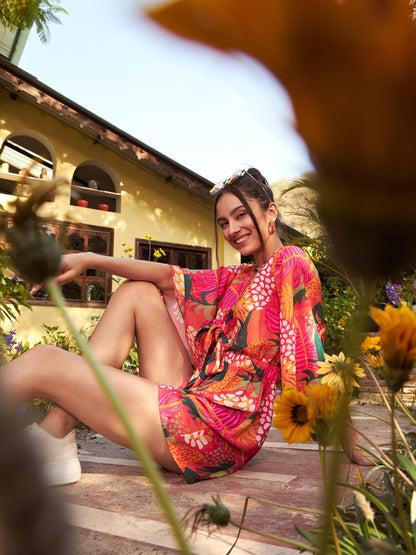 Women's Orange Floral Front Tie Knot Playsuit