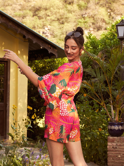 Women's Orange Floral Front Tie Knot Playsuit