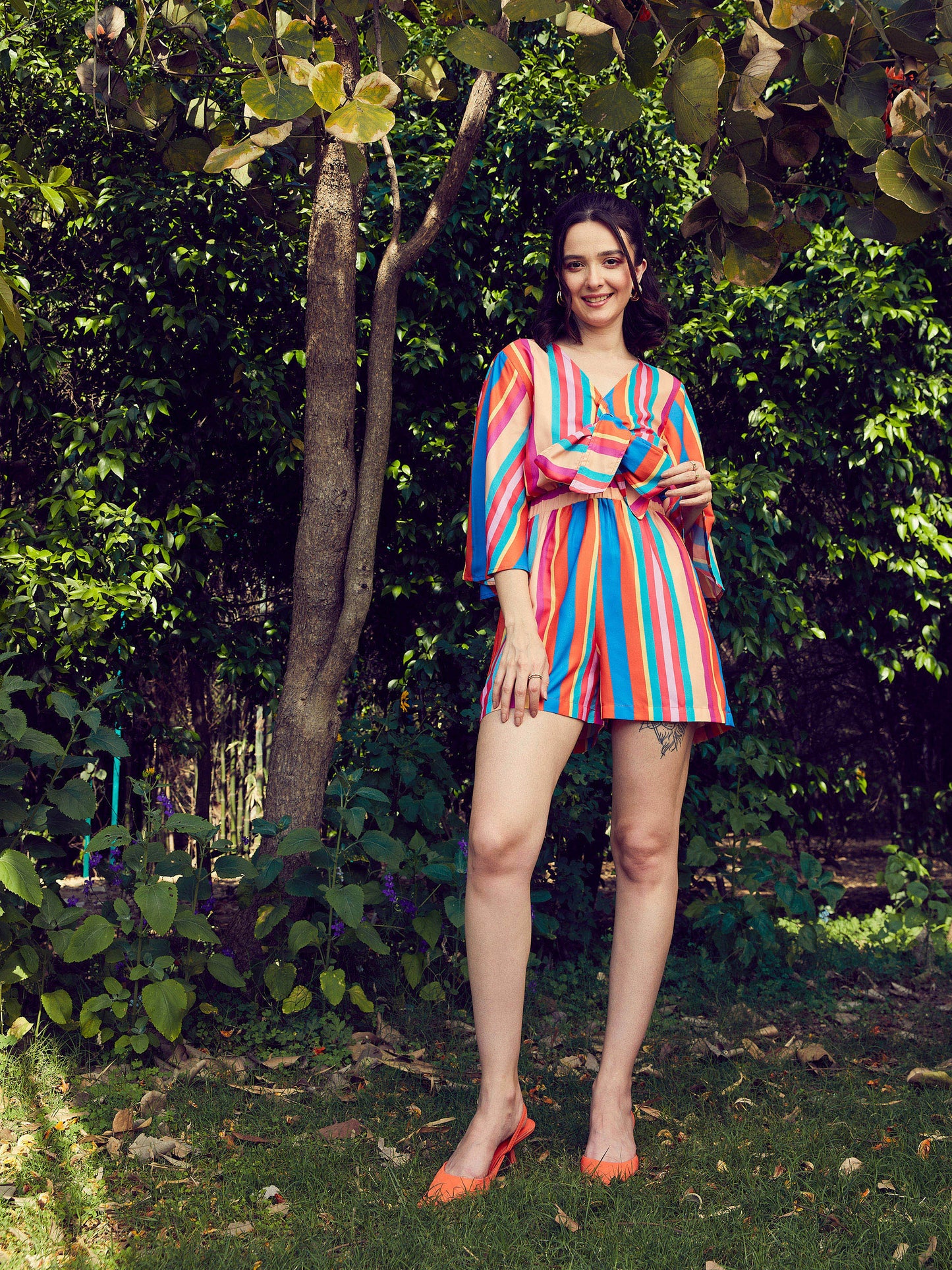 Women's Multi Stripe Front Tie Knot Playsuit