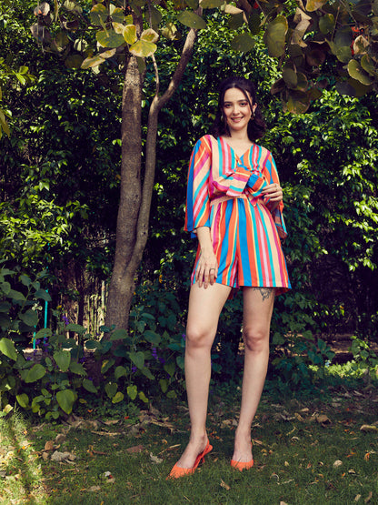 Women's Multi Stripe Front Tie Knot Playsuit