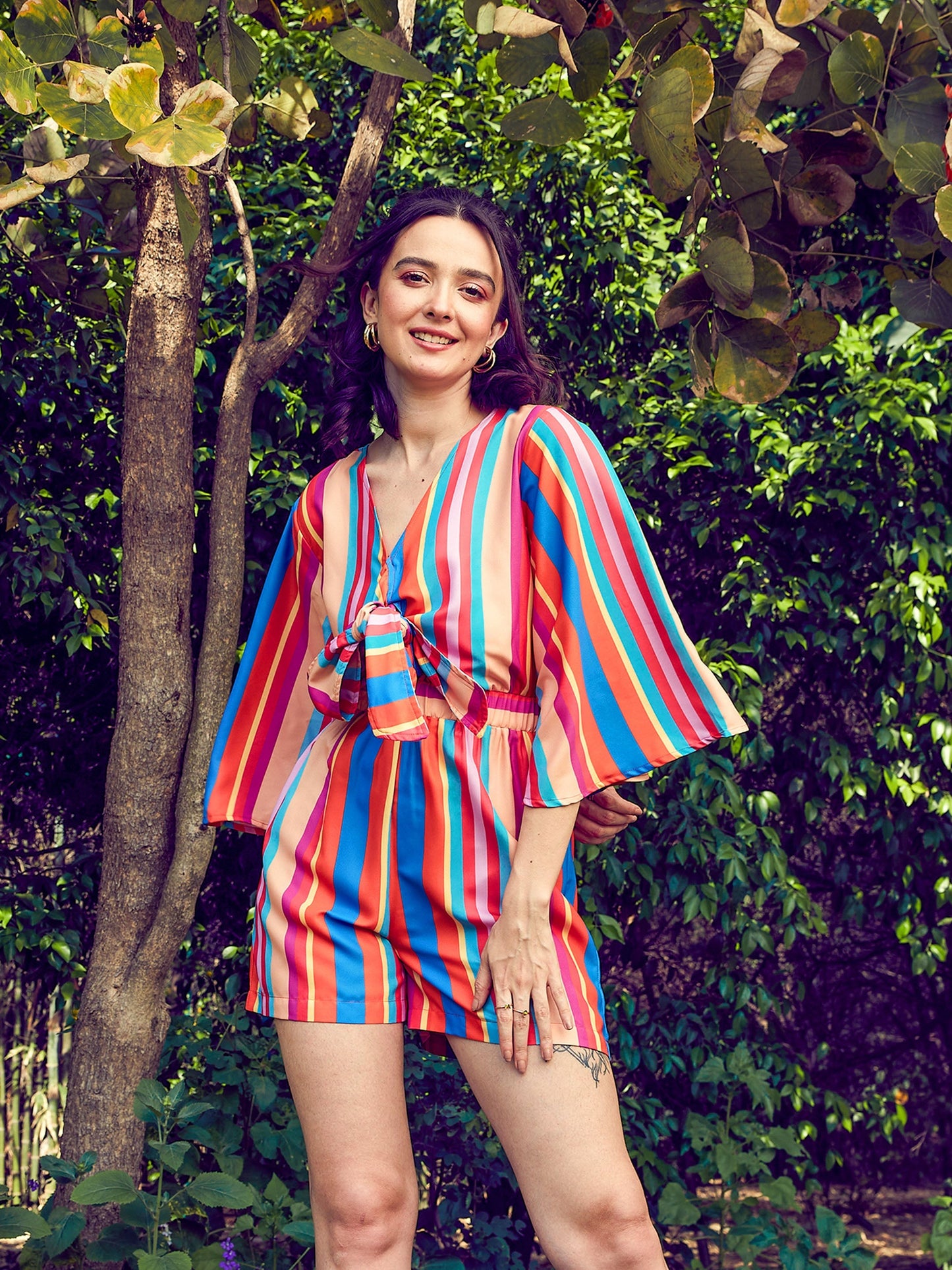 Women's Multi Stripe Front Tie Knot Playsuit