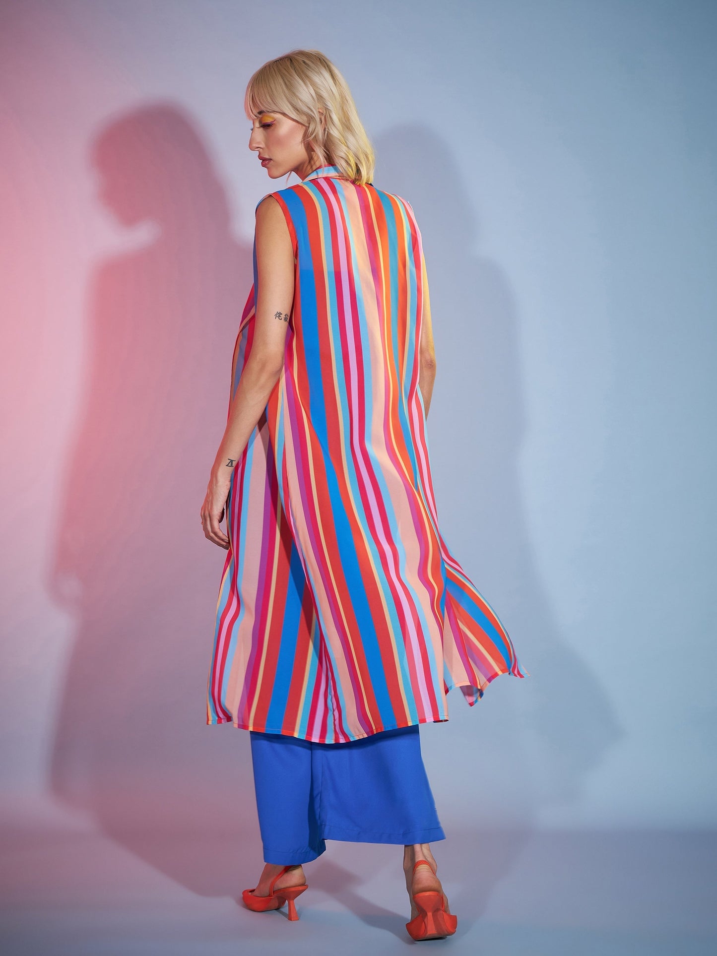 Women's Blue Bardot Jumpsuit With Multi Stripe Shrug