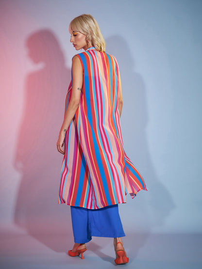 Women's Blue Bardot Jumpsuit With Multi Stripe Shrug