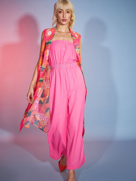 Women's Pink Bardot Jumpsuit With Orange Floral Shrug