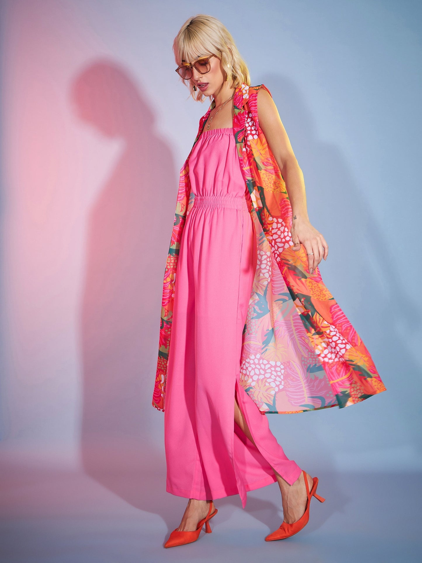 Women's Pink Bardot Jumpsuit With Orange Floral Shrug