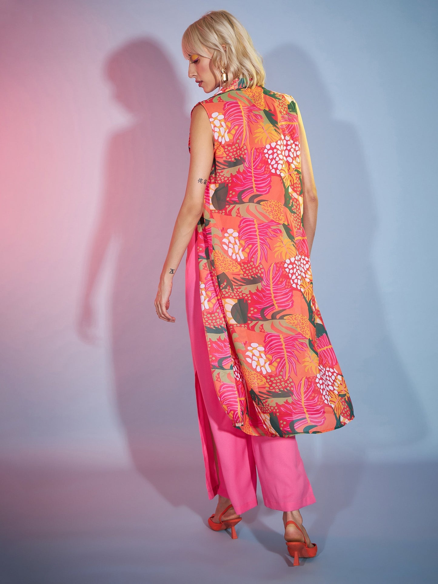 Women's Pink Bardot Jumpsuit With Orange Floral Shrug
