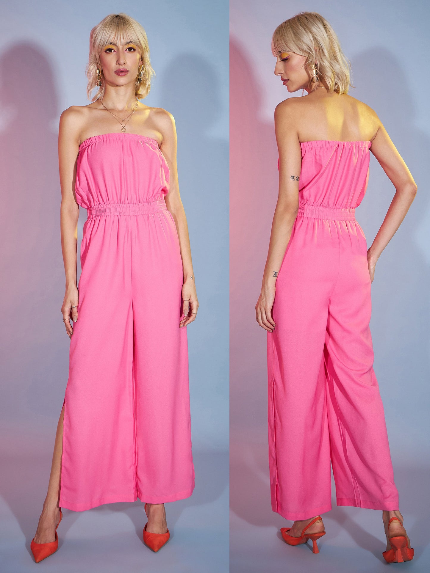 Women's Pink Bardot Jumpsuit With Orange Floral Shrug