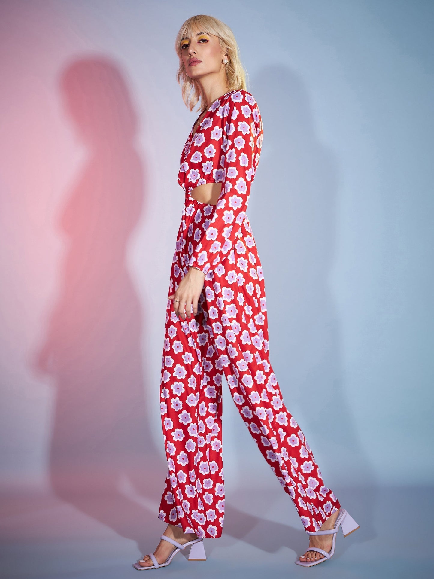 Women's Red Floral Twisted Waist Cut Out Jumpsuit