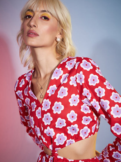 Women's Red Floral Twisted Waist Cut Out Jumpsuit