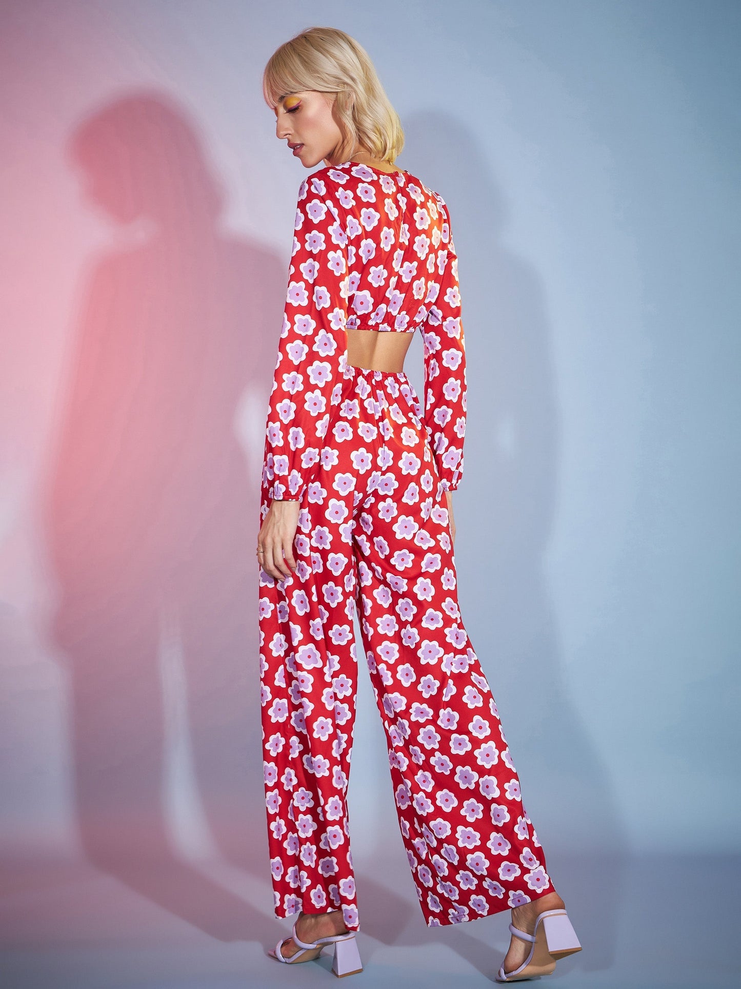Women's Red Floral Twisted Waist Cut Out Jumpsuit