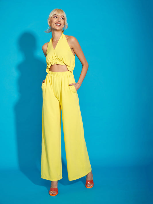 Women's Yellow Knitted Halter Neck Jumpsuit