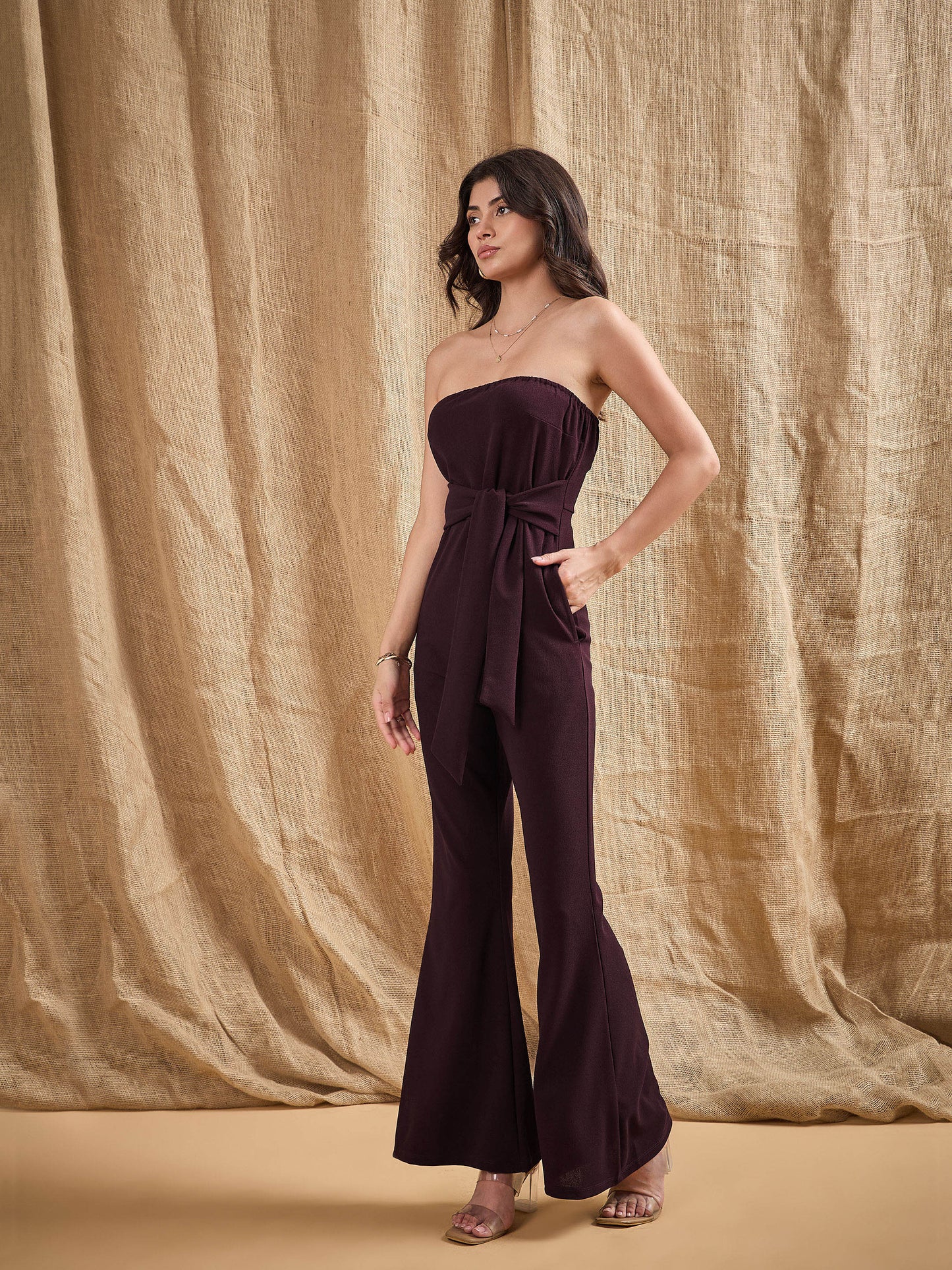 Women's Burgundy Solid Jumpsuit