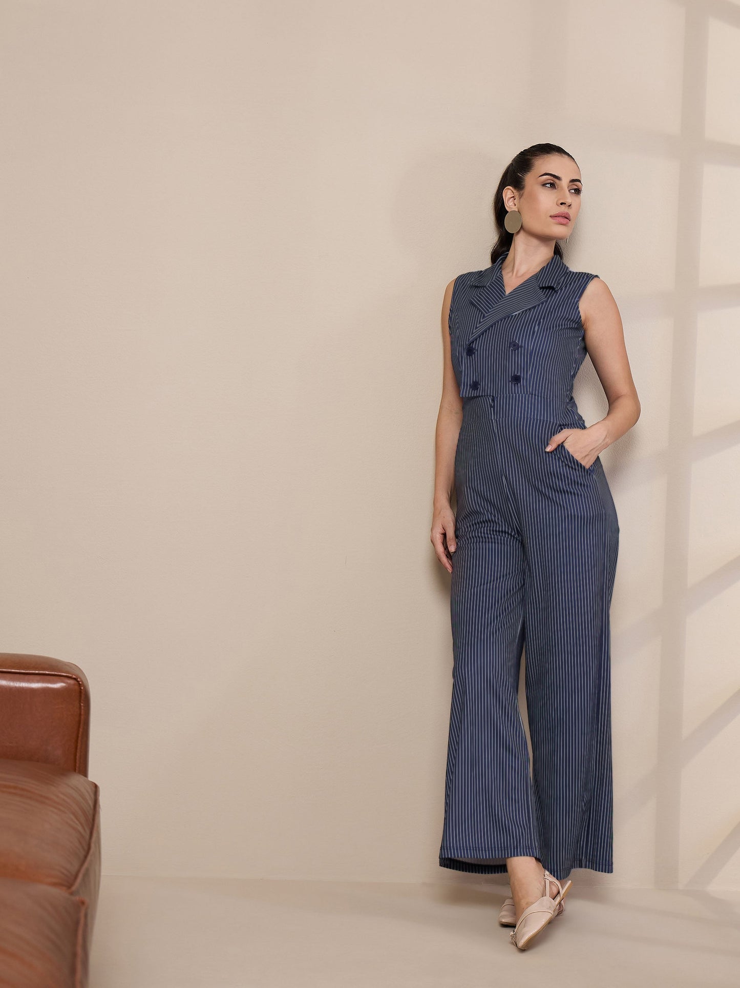 Women's Navy Blue Striped Jumpsuit
