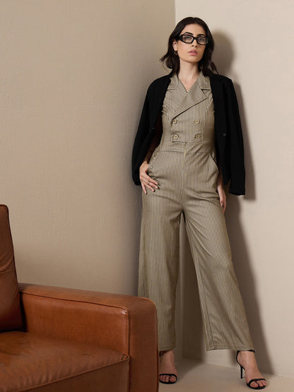 Women's Beige Striped Jumpsuit