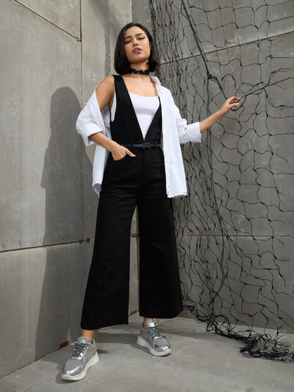 Women's Jet Black Deep V-Neck Denim Flared Leg Jumpsu