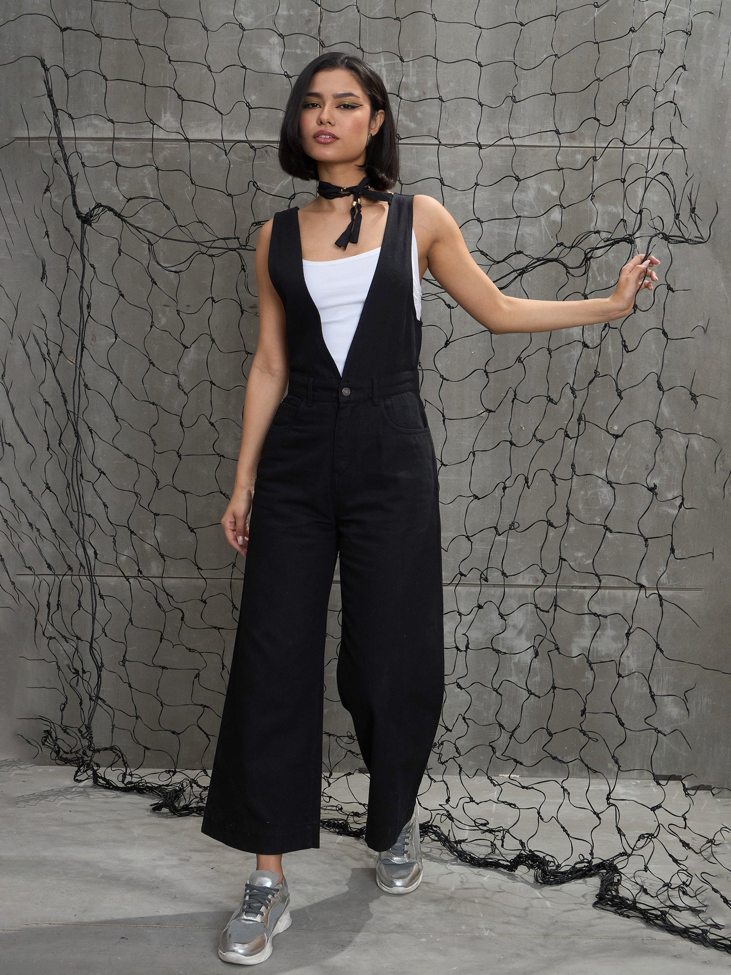 Women's Jet Black Deep V-Neck Denim Flared Leg Jumpsu