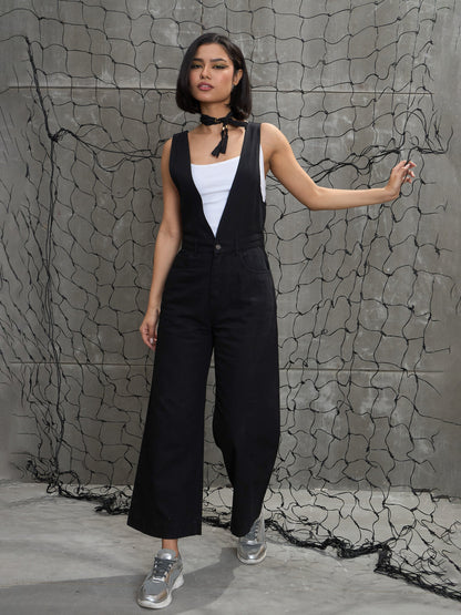 Women's Jet Black Deep V-Neck Denim Flared Leg Jumpsu