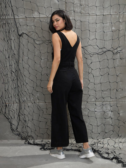 Women's Jet Black Deep V-Neck Denim Flared Leg Jumpsu