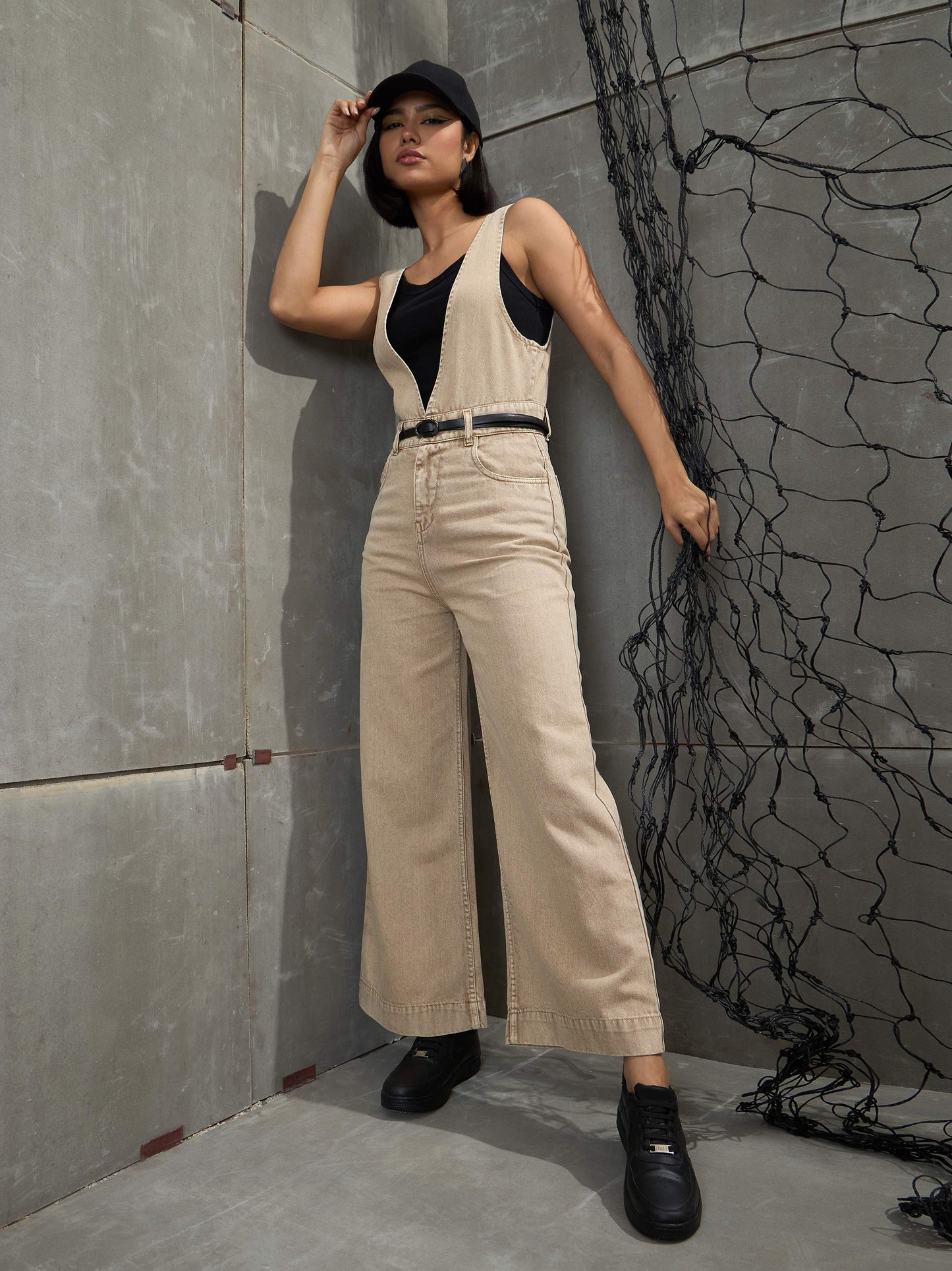 Women's Beige Deep V-Neck Denim Flared Leg Jumpsu