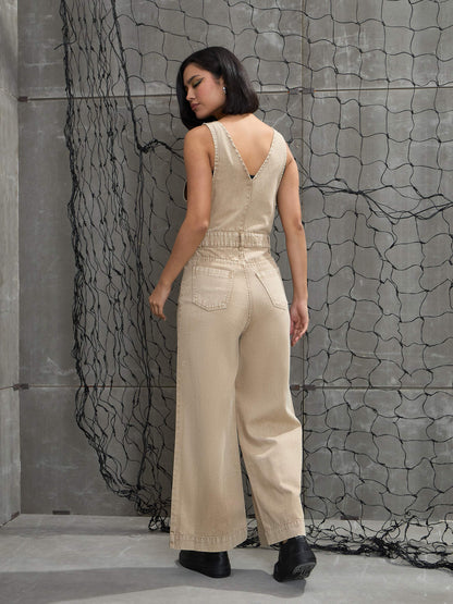 Women's Beige Deep V-Neck Denim Flared Leg Jumpsu