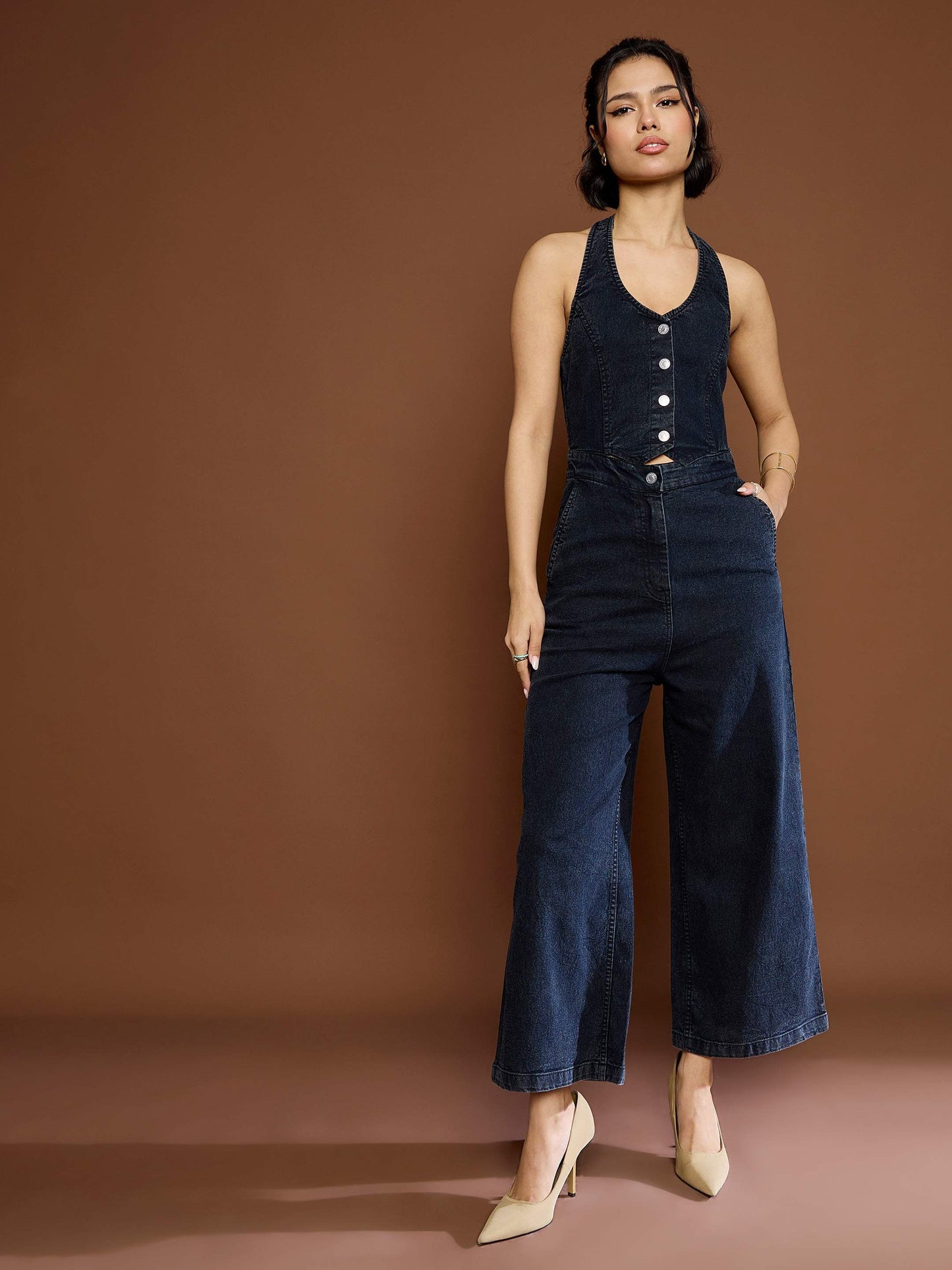 Women's Black Washed Denim Halter Neck Jumpsu