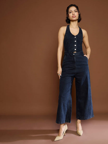 Women's Black Washed Denim Halter Neck Jumpsu