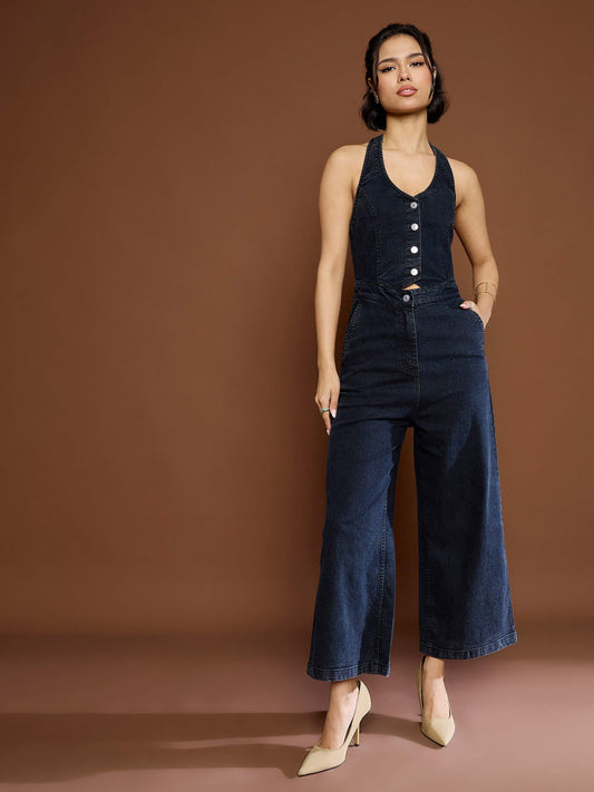 Women's Black Washed Denim Halter Neck Jumpsu