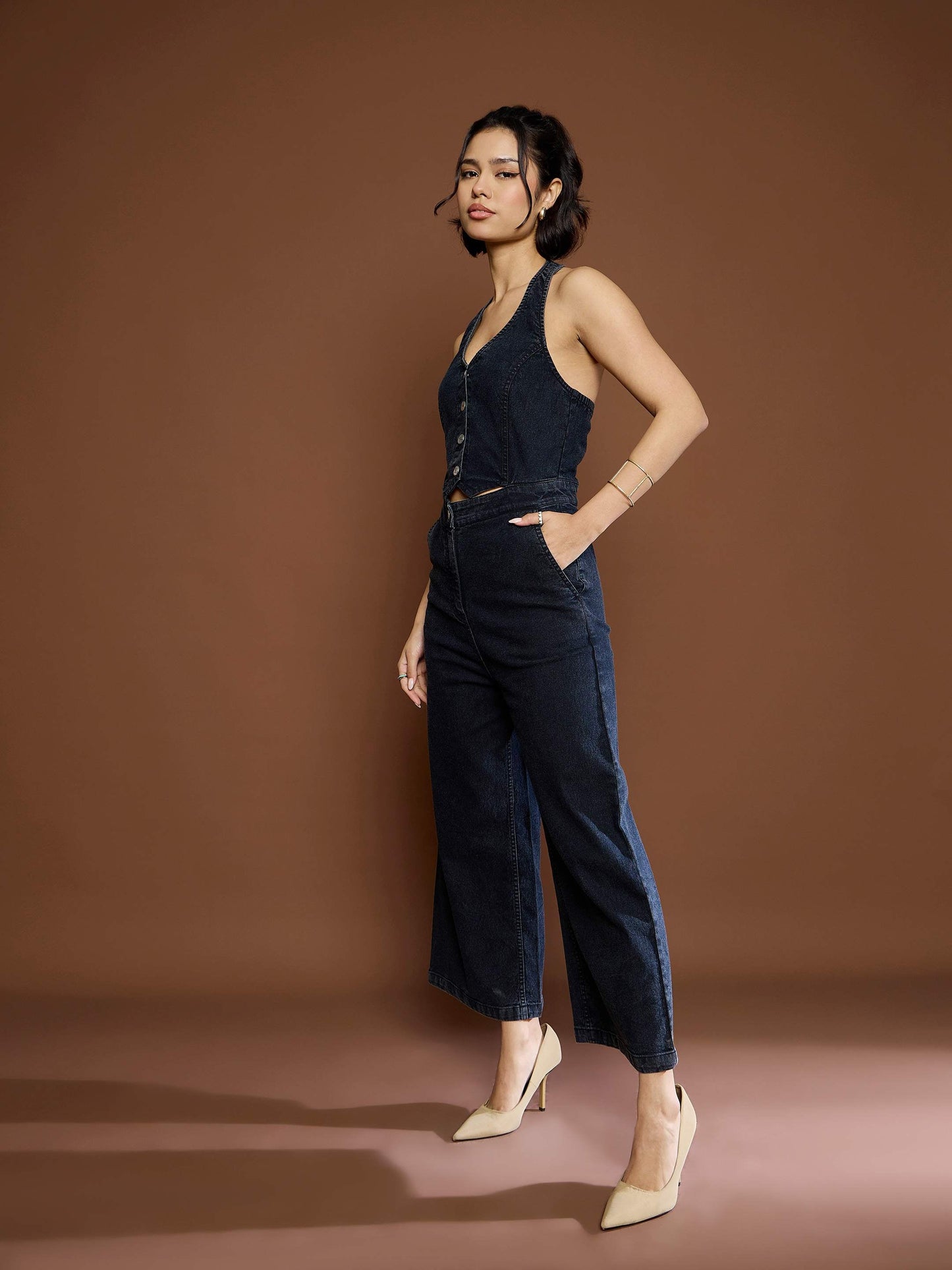 Women's Black Washed Denim Halter Neck Jumpsu