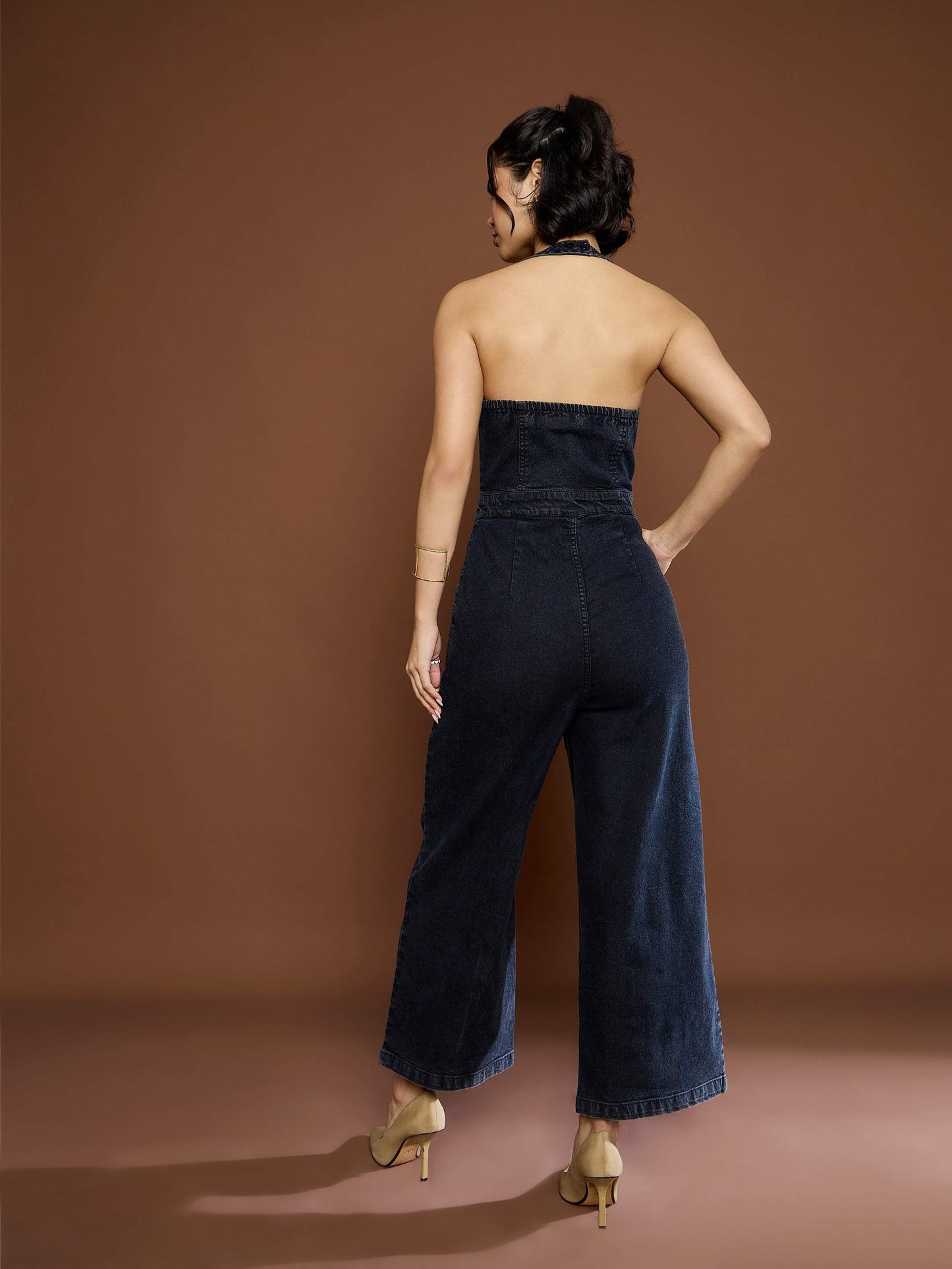 Women's Black Washed Denim Halter Neck Jumpsu