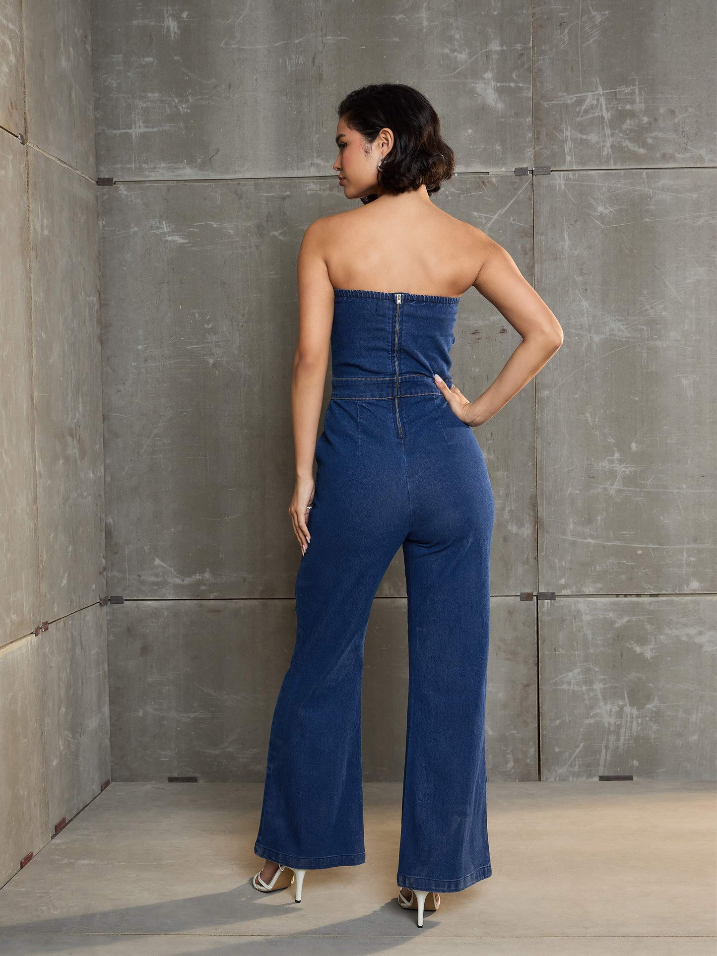 Women's Navy Blue Denim Off Shoulder Jumpsu