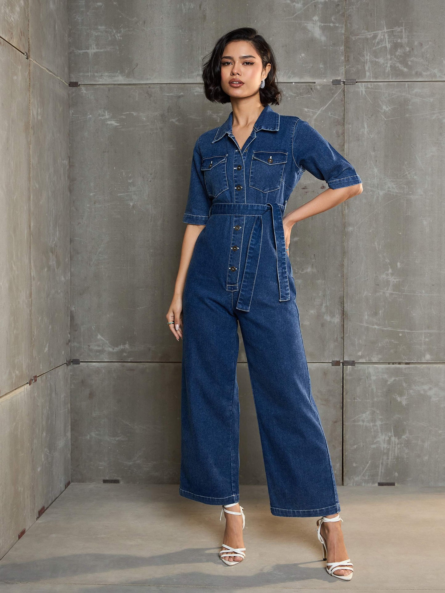 Women's Blue Washed Denim Short Sleeve Jumpsu