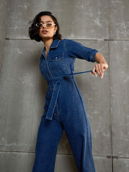 Women's Blue Washed Denim Short Sleeve Jumpsu