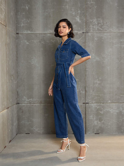 Women's Blue Washed Denim Short Sleeve Jumpsu