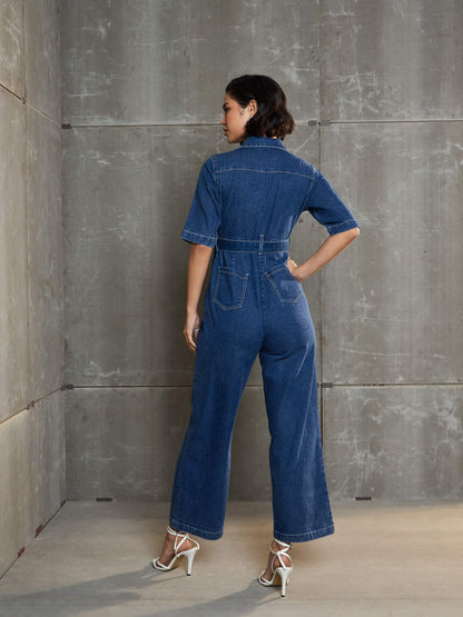 Women's Blue Washed Denim Short Sleeve Jumpsu