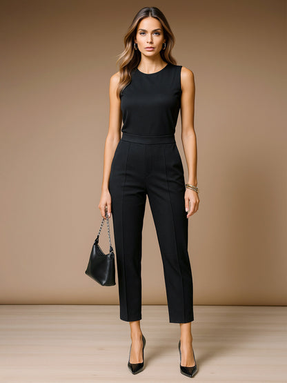 Women's Black Sleeveless Round Neck Jumpsuit