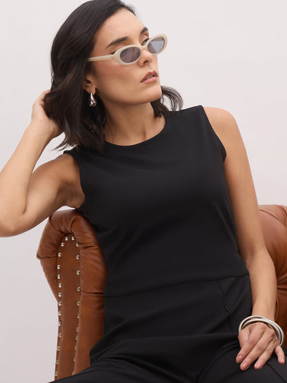 Women's Black Sleeveless Round Neck Jumpsuit