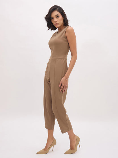 Women's Dark Beige Sleeveless Round Neck Jumpsuit
