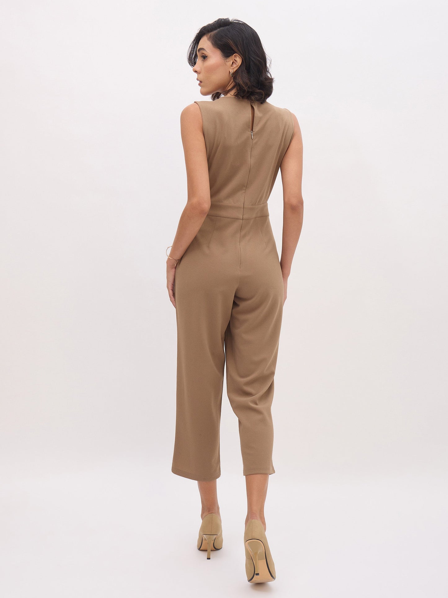 Women's Dark Beige Sleeveless Round Neck Jumpsuit