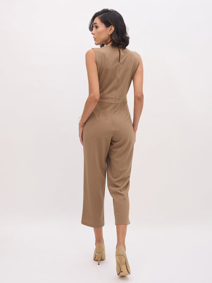 Women's Dark Beige Sleeveless Round Neck Jumpsuit