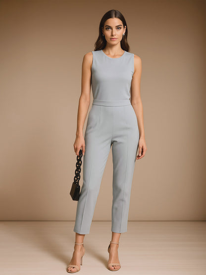 Women's Grey Sleeveless Round Neck Jumpsuit