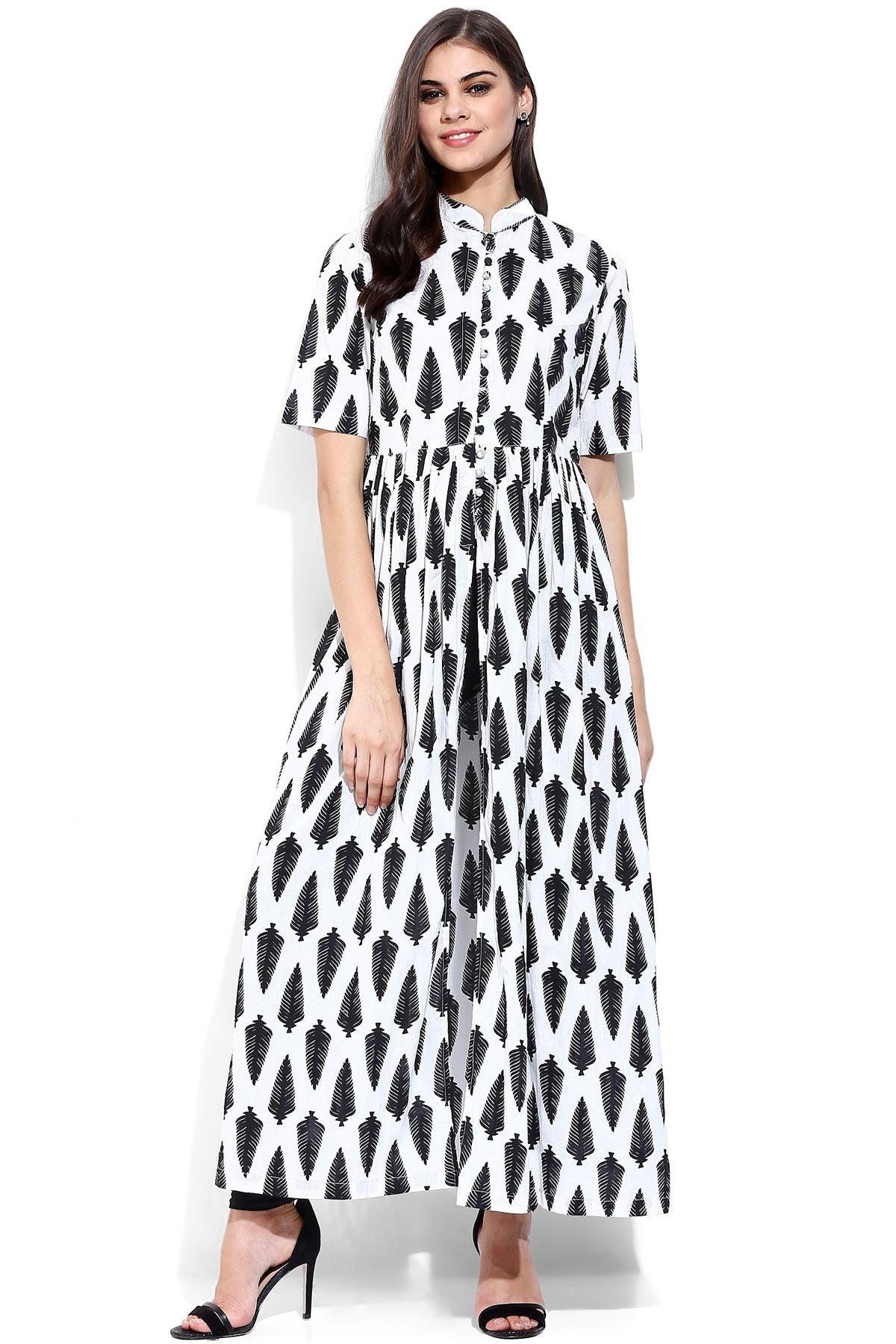 Women's White Leaf Print Front Open Shirt Kurta