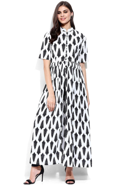 Women's White Leaf Print Front Open Shirt Kurta