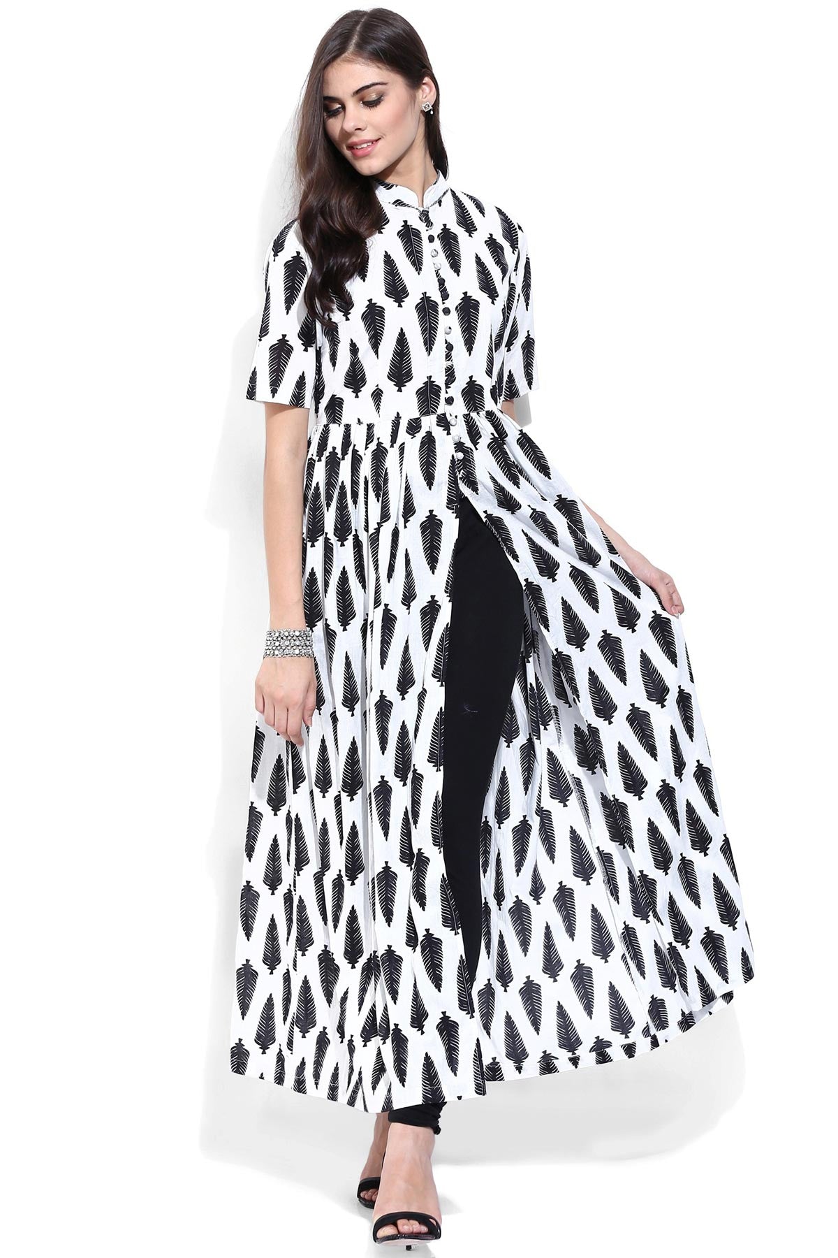 Women's White Leaf Print Front Open Shirt Kurta