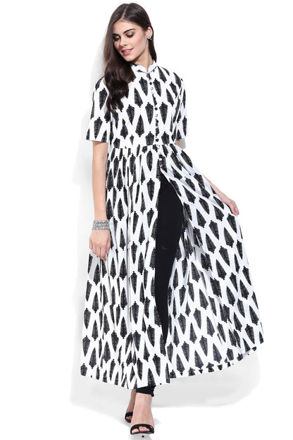 Women's White Leaf Print Front Open Shirt Kurta