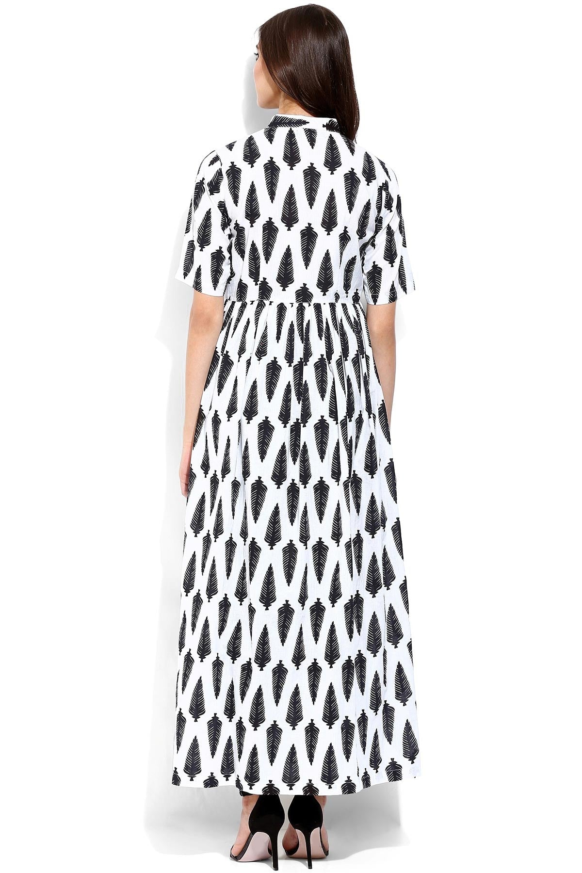 Women's White Leaf Print Front Open Shirt Kurta