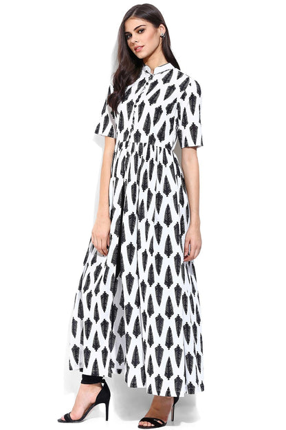 Women's White Leaf Print Front Open Shirt Kurta
